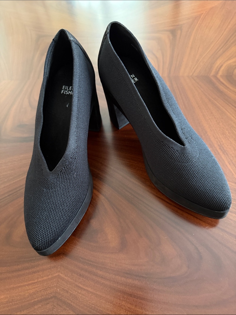 Eileen Fisher Black Knit Pointed-Toe Block Heel Pump